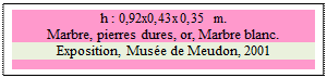 Zone de Texte: h : 0,92x0,43x0,35 m. 
Marbre, pierres dures, or, Marbre blanc.
Exposition, Muse de Meudon, 2001

